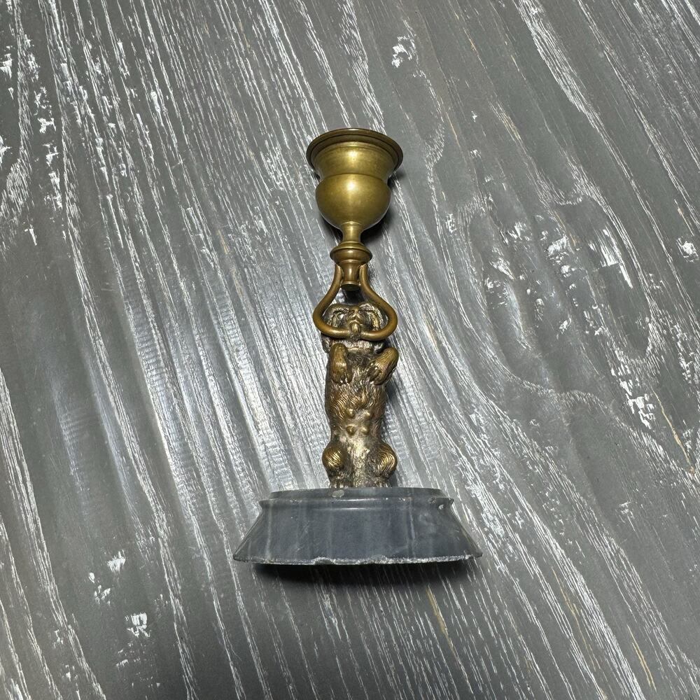 Antique Early 19th Century Brass Detailed Standing Dog Candlesticks Puppy Light
